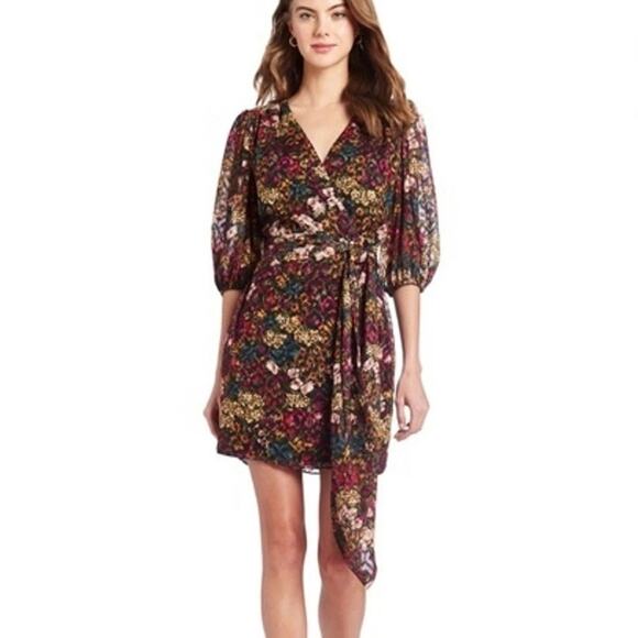 AMANDA UPRICHARD Alida Dark Floral Wrap Mini Dress Large L - Picture 1 of 9
